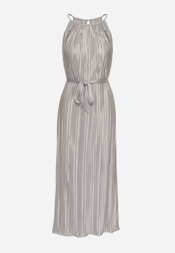 Born2be - Szara Plisowana Sukienka na Cienkich Ramiączkach Wiązana w Talii Virsea. Okazja: na wesele, na studniówkę, na ślub cywilny. Kolor: szary. Długość rękawa: na ramiączkach. Styl: klasyczny