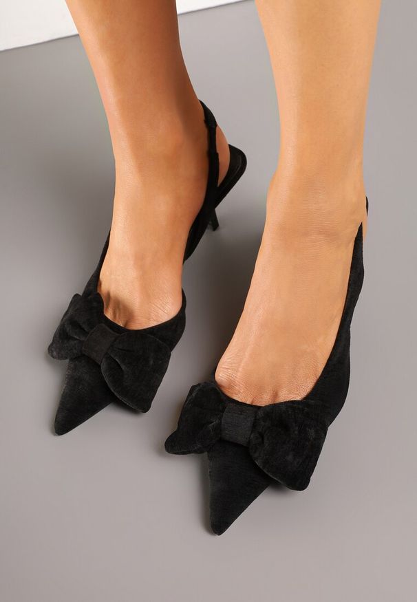 Renee - Czarne Sandały na Szpilce Slingback z Kokardą Sunaiel. Okazja: na co dzień. Kolor: czarny. Materiał: jeans. Obcas: na szpilce. Styl: klasyczny, casual, elegancki. Wysokość obcasa: średni