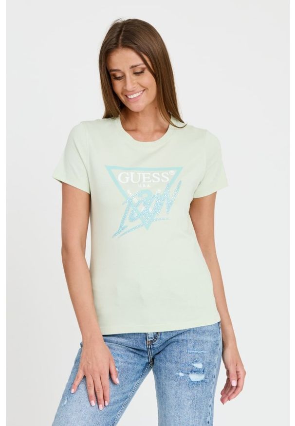 Guess - GUESS Miętowy damski t-shirt bawełniany Icon Tee, Rozmiar M. Kolor: zielony. Materiał: bawełna