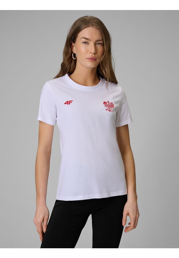 4f - 4F Koszulka kibica damska - biała XXL. Okazja: na co dzień. Kolor: biały. Materiał: dzianina, jersey, bawełna. Długość rękawa: krótki rękaw. Długość: krótkie. Wzór: gładki, nadruk, napisy, ze splotem. Styl: casual, klasyczny, sportowy