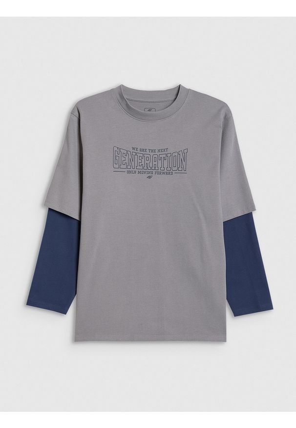 4f - 4F Longsleeve loose z nadrukiem chłopięcy - szary 158/164 (12-14 lat). Okazja: na co dzień. Kolor: szary. Materiał: materiał, bawełna. Długość rękawa: długi rękaw. Wzór: nadruk. Sezon: lato. Styl: casual
