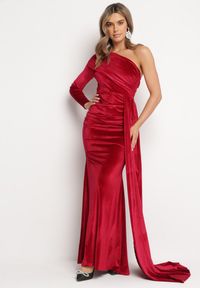 Born2be - Bordowa Asymetryczna Sukienka Maxi na Jedno Ramie Wistel. Kolor: czerwony. Typ sukienki: asymetryczne. Długość: maxi #1