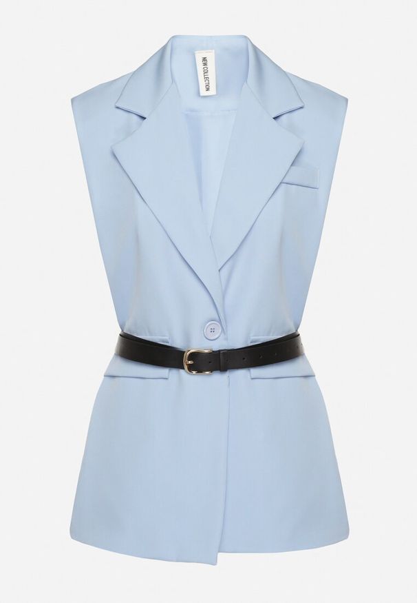 Born2be - Jasnoniebieska Kamizelka Garniturowa Oversize na Guzik z Paskiem Melazi. Okazja: na co dzień, na spotkanie biznesowe, do pracy. Kolor: niebieski. Materiał: jeans. Wzór: aplikacja. Styl: biznesowy, casual, elegancki, klasyczny