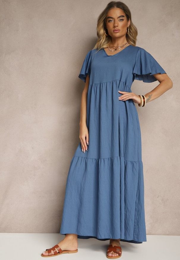 Renee - Niebieska Wiskozowa Sukienka Rozkloszowana Natonia. Okazja: na co dzień. Kolor: niebieski. Materiał: wiskoza. Styl: casual
