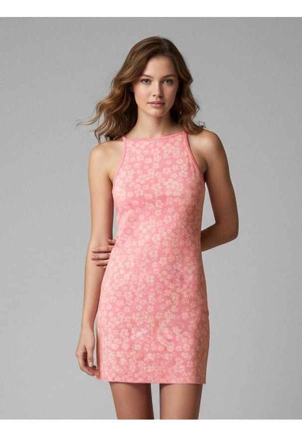 Sinsay - Sukienka mini na ramiączkach z kwiatowym wzorem - różowy. Kolor: różowy. Długość rękawa: na ramiączkach. Wzór: kwiaty. Długość: mini