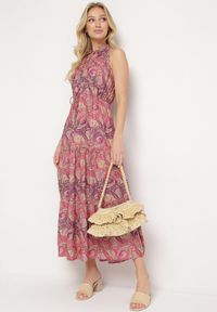 Born2be - Fioletowo-Różowa Rozkloszowana Sukienka z Gumkami w Talii Wiązana przy Dekolcie Vrisa. Okazja: na co dzień. Typ kołnierza: dekolt w kształcie V. Kolor: fioletowy. Sezon: lato. Typ sukienki: rozkloszowane. Styl: casual, elegancki #6