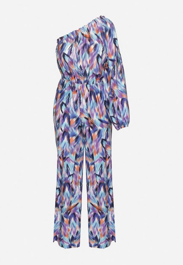 Born2be - Niebiesko-Granatowy Kombinezon z Asymetryczną Górą na Jedno Ramię i Abstrakcyjnym Wzorem Leomaria. Okazja: na imprezę. Kolor: niebieski. Długość: długie. Wzór: aplikacja