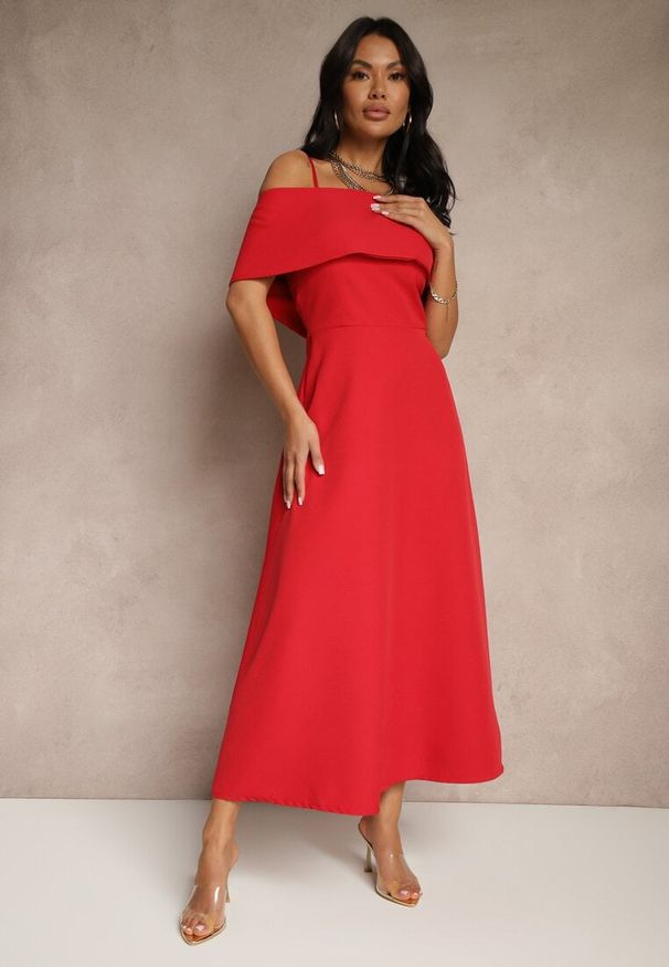 Renee - Czerwona Rozkloszowana Sukienka na Ramiączkach z Wywiniętym Dekoltem Jenavitia. Okazja: na ślub cywilny, na imprezę, na wesele. Kolor: czerwony. Długość rękawa: na ramiączkach. Typ sukienki: rozkloszowane. Styl: elegancki