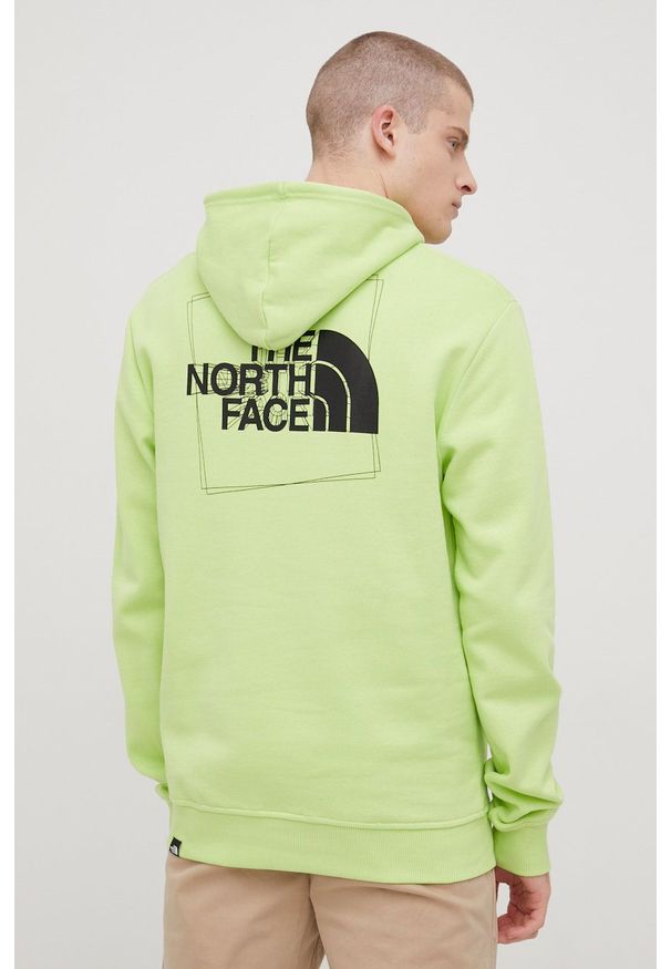 The North Face bluza bawełniana męska kolor zielony z kapturem z nadrukiem. Typ kołnierza: kaptur. Kolor: zielony. Materiał: bawełna. Wzór: nadruk