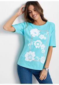 Shirt z kwiatowym nadrukiem bonprix morsko-biały w kwiaty. Kolor: niebieski. Długość rękawa: długi rękaw. Długość: długie. Wzór: kwiaty, nadruk #4
