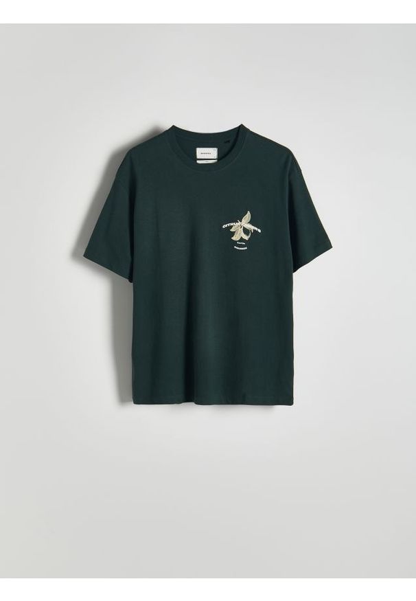 Reserved - T-shirt boxy z nadrukiem - zielony. Kolor: zielony. Materiał: bawełna, dzianina. Wzór: nadruk