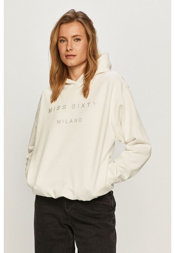Miss Sixty - Bluza bawełniana. Typ kołnierza: kaptur. Kolor: biały. Materiał: bawełna. Długość rękawa: długi rękaw. Długość: długie. Wzór: aplikacja