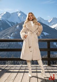 Renee - Beżowy Futrzany Płaszcz z Wiązanym Paskiem Ozdobnym Kołnierzem i Mankietami Viaressa. Okazja: na co dzień. Kolor: beżowy. Materiał: futro. Długość rękawa: długi rękaw. Długość: długie. Styl: casual, elegancki, rockowy #1