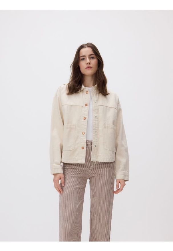 Reserved - Jeansy culotte w paski - beżowy. Kolor: beżowy. Wzór: paski