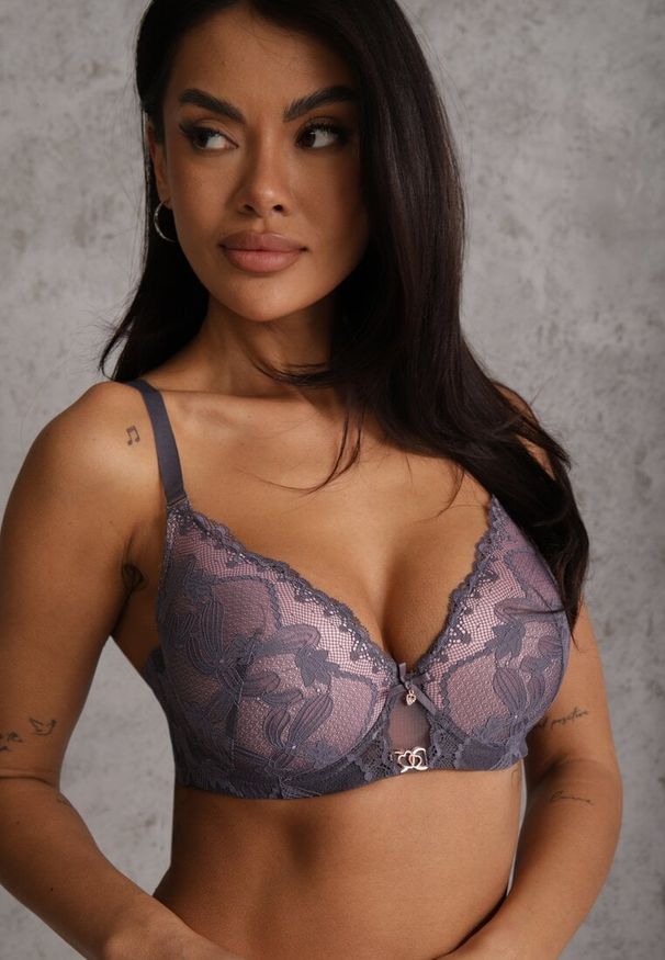 Renee - Szaro-Różowy Koronkowy Biustonosz z Metaliczną Aplikacją Dorzedi. Kolor: szary. Materiał: koronka. Rodzaj stanika: przezroczysty. Wzór: aplikacja