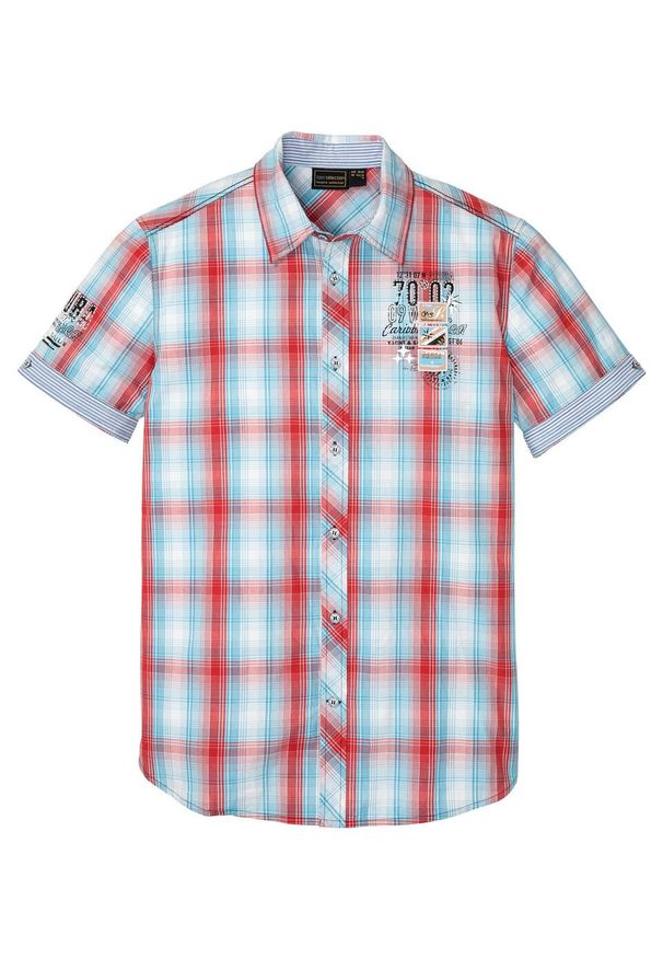 Koszula z krótkim rękawem w kratę bonprix turkusowo-czerwono-biały w kratę. Kolor: niebieski. Długość rękawa: krótki rękaw. Długość: krótkie
