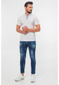 Emporio Armani - EMPORIO ARMANI Biała męska koszulka polo na zamek, Rozmiar M. Typ kołnierza: polo. Kolor: biały. Materiał: prążkowany. Wzór: aplikacja