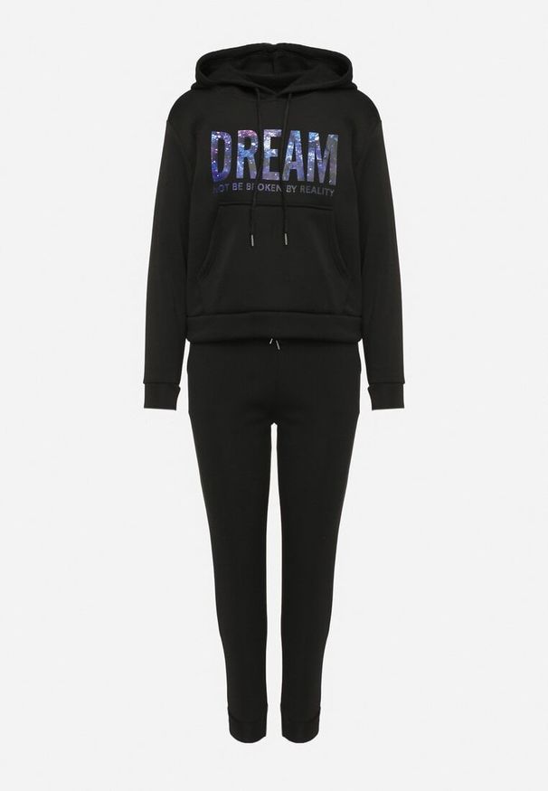 Born2be - Czarny Ocieplany Komplet Dresowy z Bawełny Joggery i Bluza z Kapturem i Nadrukiem Filola. Kolor: czarny. Materiał: dresówka, bawełna. Wzór: nadruk