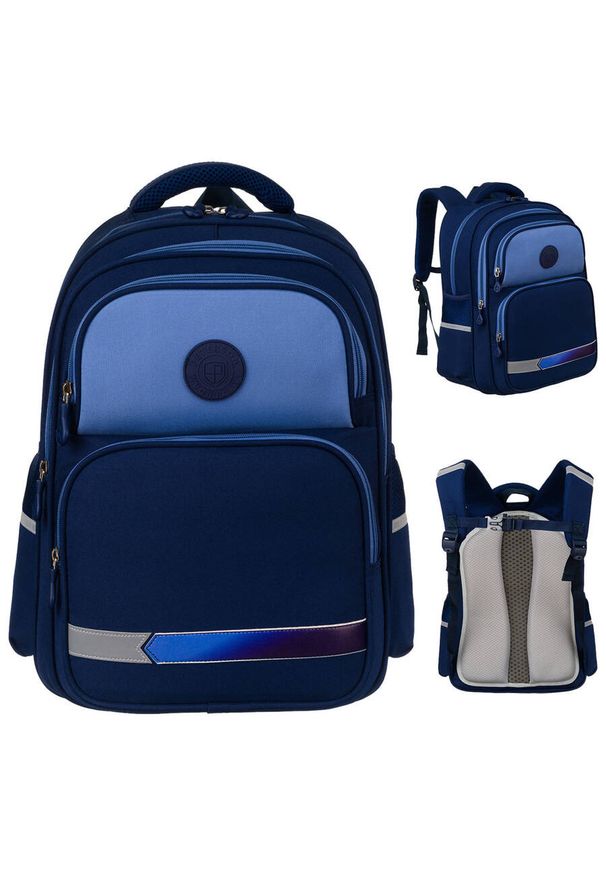 Dwukomorowy, granatowy plecak miejski z zewnętrznymi kieszeniami - Peterson. Kolor: niebieski. Materiał: poliester