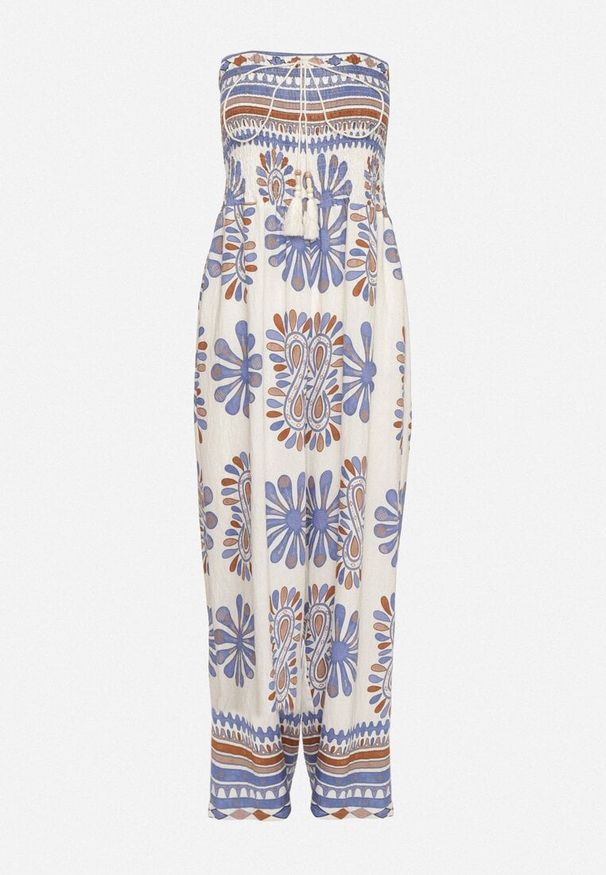 Born2be - Niebiesko-Kremowy Kombinezon Bez Rękawów z Szeroką Nogawką w Ornamentalny Wzór Mirionia. Okazja: na imprezę, na co dzień. Kolor: niebieski. Długość rękawa: bez rękawów. Styl: casual, elegancki