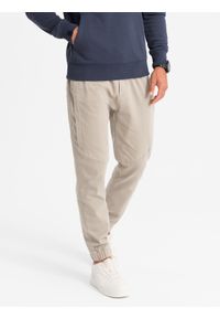 Ombre Clothing - Dzianinowe spodnie męskie joggery z ozdobną plisą – popielate V1 - Rozmiar: M. Okazja: na co dzień. Kolor: szary. Materiał: dzianina. Długość: długie. Wzór: jednolity, aplikacja. Styl: casual #1