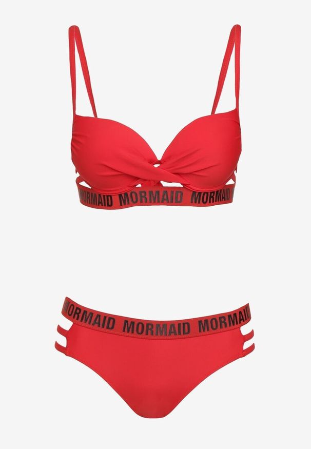 Renee - Czerwone Bikini z Supełkiem na Biustonoszu z Ozdobnymi Paseczkami i Napisami Bibalia. Kolor: czerwony. Wzór: napisy