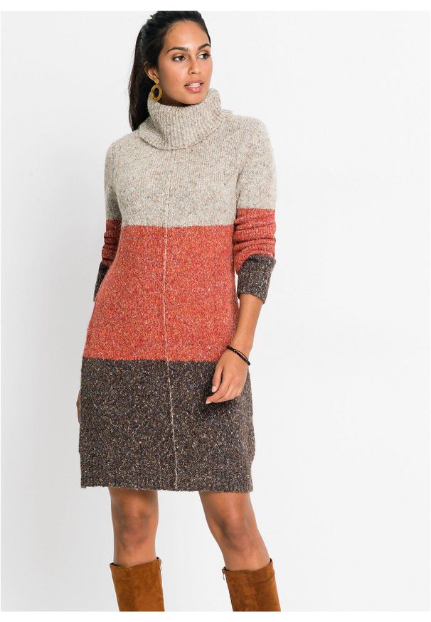 bonprix - Sukienka dzianinowa. Typ kołnierza: golf. Kolor: brązowy. Materiał: dzianina. Sezon: jesień