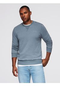 Ombre Clothing - Washowana bluza męska z ozdobnym przeszyciem przy dekolcie - jasnoniebieska V3 - Rozmiar: L. Kolor: niebieski. Materiał: jeans, materiał, poliester, bawełna. Wzór: haft