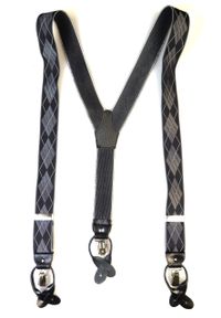 Modini - Czarne szelki na guziki z szarymi rombami G29. Kolor: szary, czarny, wielokolorowy. Materiał: skóra, guma #1