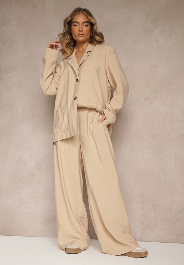Renee - Beżowe Spodnie Low Waist z Modalu z Szeroką Nogawką Reanelira. Okazja: na co dzień. Stan: obniżony. Kolor: beżowy. Styl: klasyczny, casual, elegancki