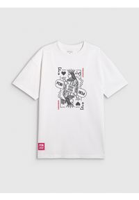 4f - 4F T-shirt oversize z nadrukiem damski - biały M. Okazja: na co dzień. Kolor: biały. Materiał: materiał, bawełna, dzianina. Wzór: nadruk. Styl: casual