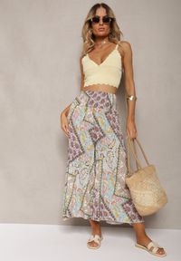 Renee - Miętowe Szerokie Spodnie Culottes z Mozaikowym Wzorem i Gumką w Pasie Mizina. Kolor: beżowy. Materiał: wiskoza. Sezon: lato. Styl: boho #6