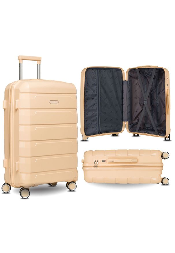 Beżowa, mała walizka kabinowa z polipropylenu z wysuwaną, teleskopową rączką Peterson Beżowa listonoszka damska ze skóry ekologicznej zamykana suwakie. Kolor: beżowy. Materiał: skóra ekologiczna