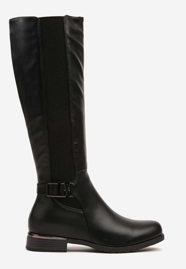 Born2be - Czarne Kozaki Muszkieterki na Płaskiej Podeszwie Ozdobione Aplikacją Asilena. Okazja: do pracy. Kolor: czarny. Materiał: wełna, jeans. Wzór: aplikacja. Obcas: na płaskiej podeszwie. Styl: elegancki. Wysokość obcasa: niski