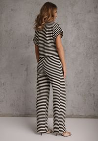 Renee - Beżowo-Czarny Komplet z Dzianiny w Paski z Bawełną Bluzka z Krótkim Rękawem i Spodnie Akiseithe. Kolor: beżowy. Materiał: bawełna, dzianina. Wzór: paski #7