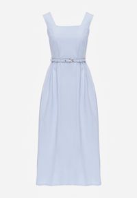 Renee - Niebieska Bawełniano-Wiskozowa Sukienka na Szerokich Ramiączkach z Wąskim Paskiem Alcassa. Typ kołnierza: dekolt kwadratowy. Kolor: niebieski. Materiał: wiskoza, bawełna. Długość rękawa: na ramiączkach. Typ sukienki: proste, rozkloszowane. Styl: elegancki #2