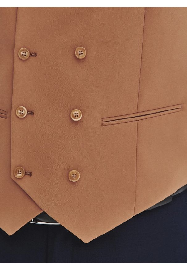 Pako Lorente - PAKO LORENTE - Ruda dwurzędowa kamizelka męska. Okazja: na co dzień. Kolor: brązowy. Materiał: wiskoza, elastan, poliester. Wzór: gładki. Styl: casual