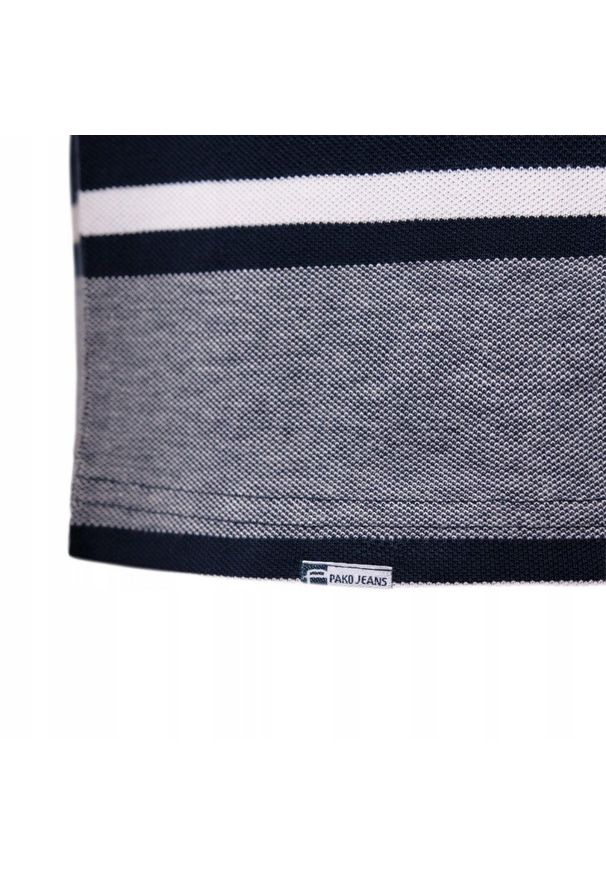 Bawełniana Koszulka Polo w Paski - Pako Jeans - Granat. Okazja: na co dzień. Typ kołnierza: polo. Kolor: niebieski. Materiał: bawełna. Wzór: paski, prążki. Styl: casual