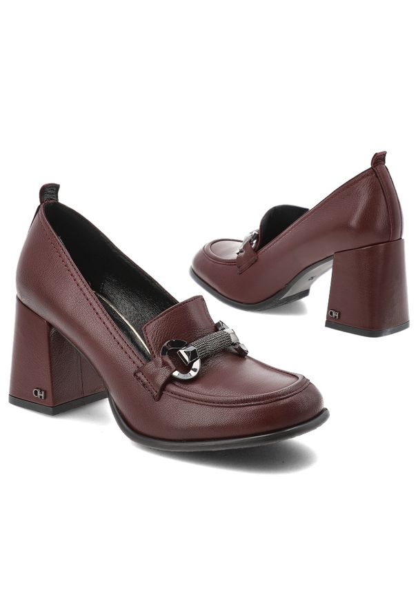 CheBello - Bordowe Półbuty Chebello Eleganckie Obuwie Damskie. Okazja: do pracy. Zapięcie: sprzączka. Kolor: czerwony. Materiał: skóra. Wzór: aplikacja. Obcas: na obcasie. Styl: elegancki. Wysokość obcasa: średni