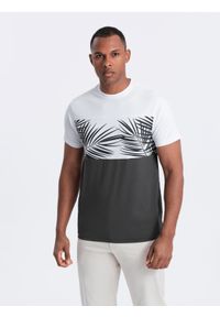 Ombre Clothing - T-shirt meski dwukolorowy z nadrukiem w liście palmy - grafitowy V2. Kolor: szary. Materiał: bawełna, jersey, dzianina. Wzór: nadruk. Sezon: lato. Styl: wakacyjny #8