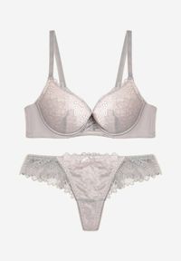 Renee - Szaro-Różowy Komplet Biustonosz Push Up i Majtki Ozdobione Romantyczną Koronką Zeril. Kolor: szary. Materiał: koronka. Wzór: aplikacja, koronka #3