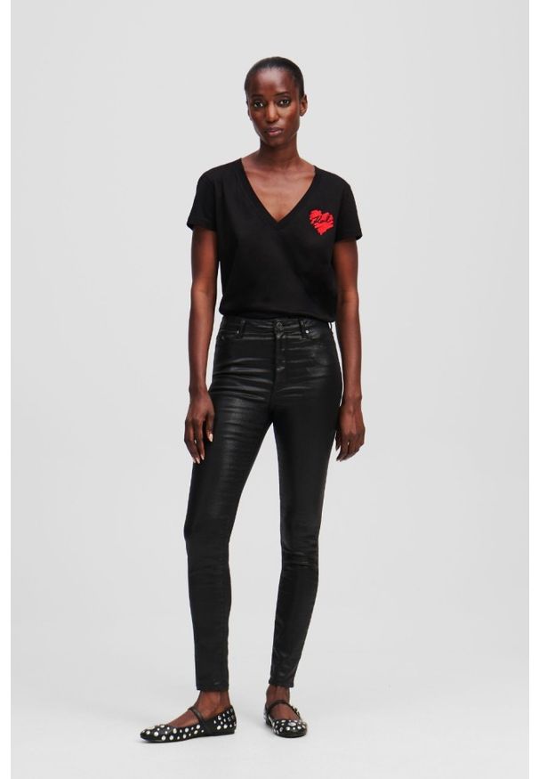 Karl Lagerfeld - KARL LAGERFELD Czarne damskie spodnie Coated Skinny Denim Pants. Kolor: czarny. Styl: elegancki