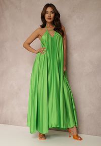 Renee - Zielona Sukienka Mellastis. Kolor: zielony. Materiał: satyna. Długość rękawa: bez rękawów. Typ sukienki: rozkloszowane. Długość: maxi #3