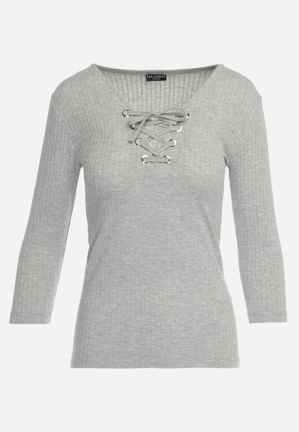 Born2be - Szara Bawełniana Bluzka w Prążki z Gorsetowym Wiązaniem Przy Dekolcie Jarelis. Typ kołnierza: dekolt gorset. Kolor: szary. Materiał: bawełna. Wzór: prążki