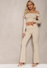 Renee - Beżowy Casualowy Komplet z Bluzką Carmen z Rzemykami i Elastycznymi Dzwonami z Bawełny Marata. Kolor: beżowy. Materiał: bawełna #3