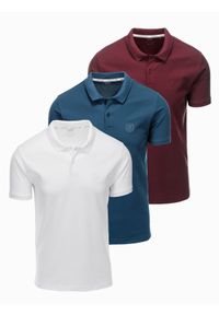Ombre Clothing - Komplet męskich bawełnianych t-shirtów polo BASIC – biały/bordowy/ciemnoniebieski V4 - Rozmiar: S. Typ kołnierza: polo. Kolor: czerwony. Materiał: bawełna. Wzór: haft. Styl: klasyczny, sportowy