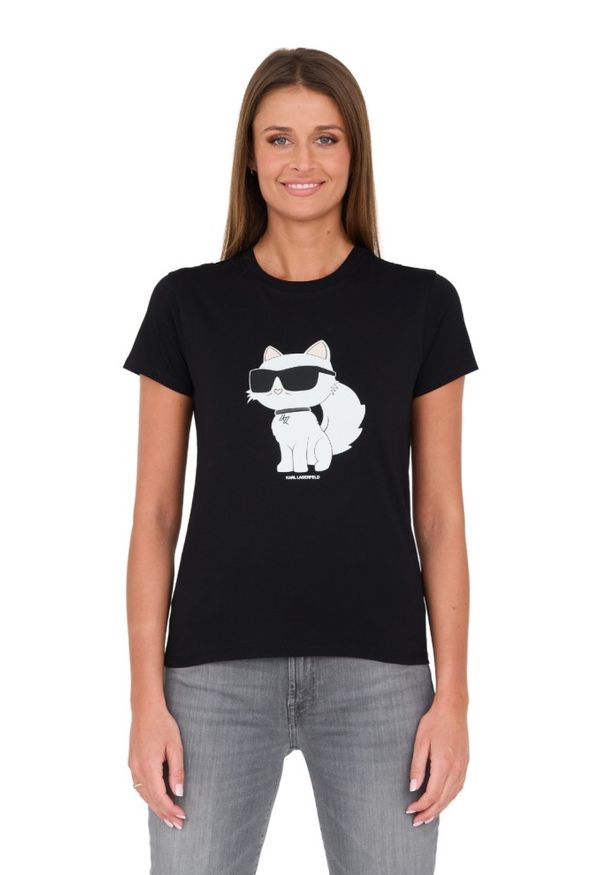 Karl Lagerfeld - KARL LAGERFELD Czarny damski t-shirt z kotem, Rozmiar S. Kolor: czarny