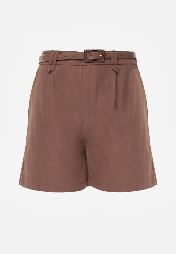 Born2be - Brązowe Szorty Typu Bermudy z Paskiem i Prostokątną Klamrą Tinalora. Okazja: na co dzień. Kolor: brązowy. Sezon: lato. Styl: casual, elegancki