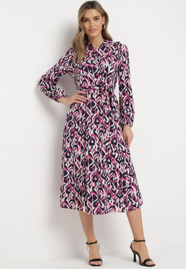 Born2be - Fuksjowa Koszulowa Sukienka Midi z Wiązanym Paskiem Evalyn. Kolor: różowy. Materiał: materiał. Długość rękawa: długi rękaw. Typ sukienki: koszulowe. Długość: midi