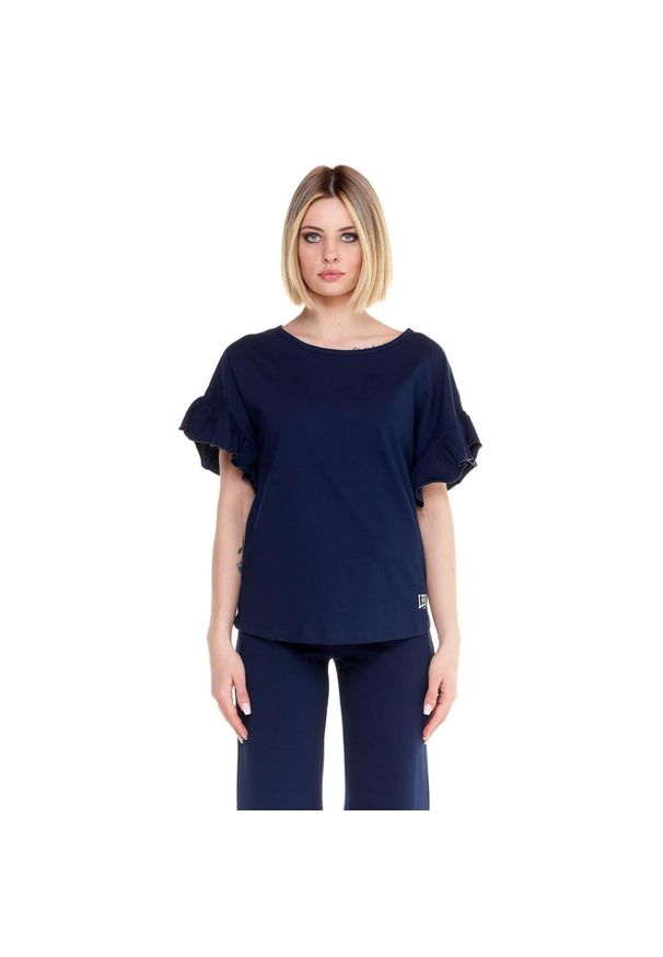 LEONE 1947 APPAREL - Błyszcząca damska koszulka z krótkim rękawem i falbaną. Kolor: niebieski. Materiał: tkanina. Długość rękawa: krótki rękaw. Długość: krótkie. Sport: fitness